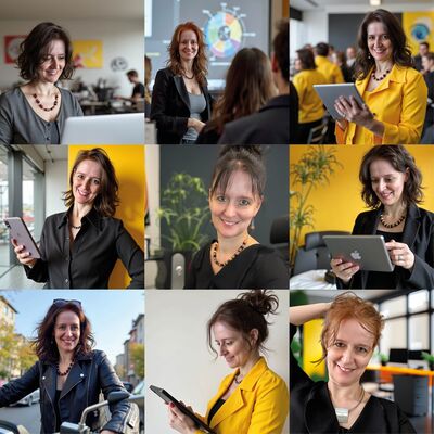 Bildcollage mit Porträtfotos von Nicole Angela Buck – KI-Trainerin, Kommunikations- und Grafikdesignerin, Gründerin von DAS KONZEPT GmbH
